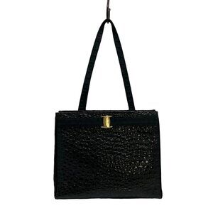 Auth Salvatore Ferragamo Vara - Black Leather Chemical Fiber Tote Bag